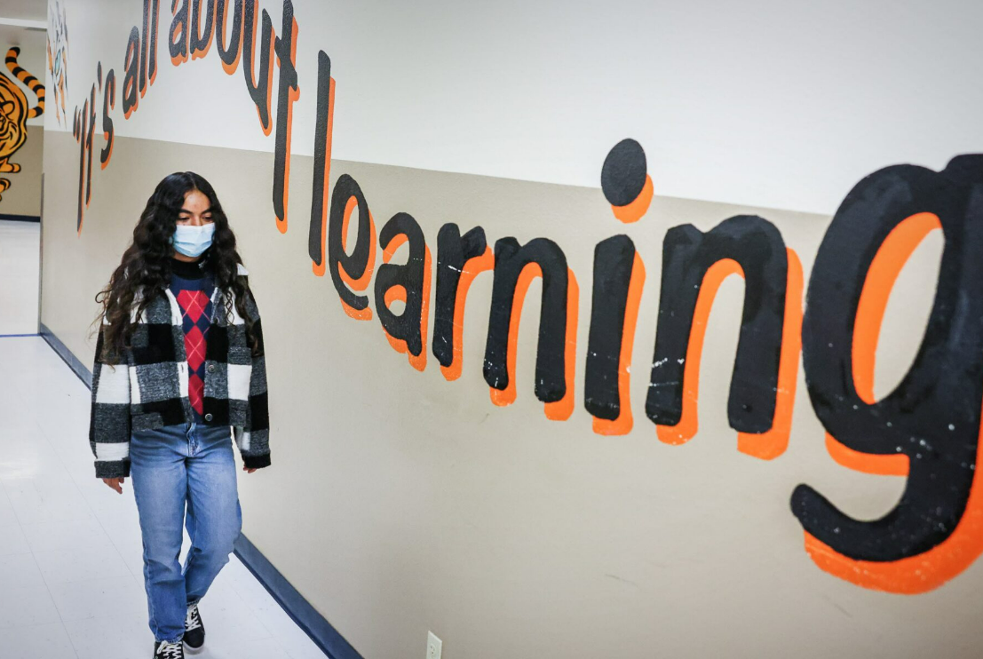  Student walking in a school hallway